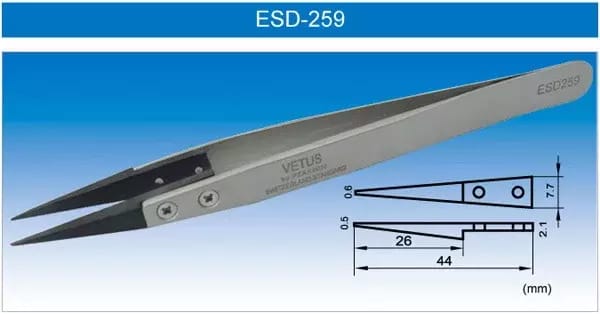 Antystatyczna pęseta ze stali nierdzewnej VETUS ESD-259 z końcówką z PPS – 2
