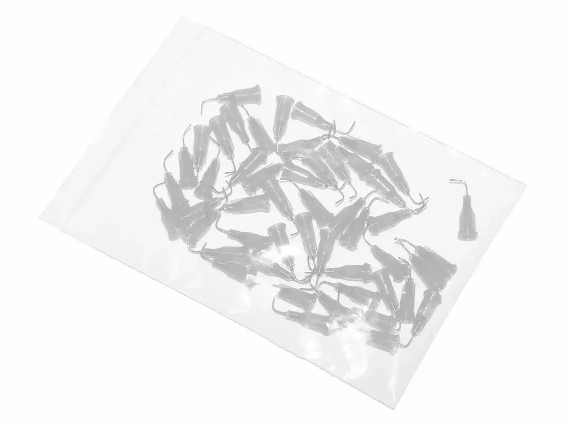 igły aplikacyjne zakrzywione pod kątem 90° z kaniulą ze stali nierdzewnej przezroczyste 27G 50szt