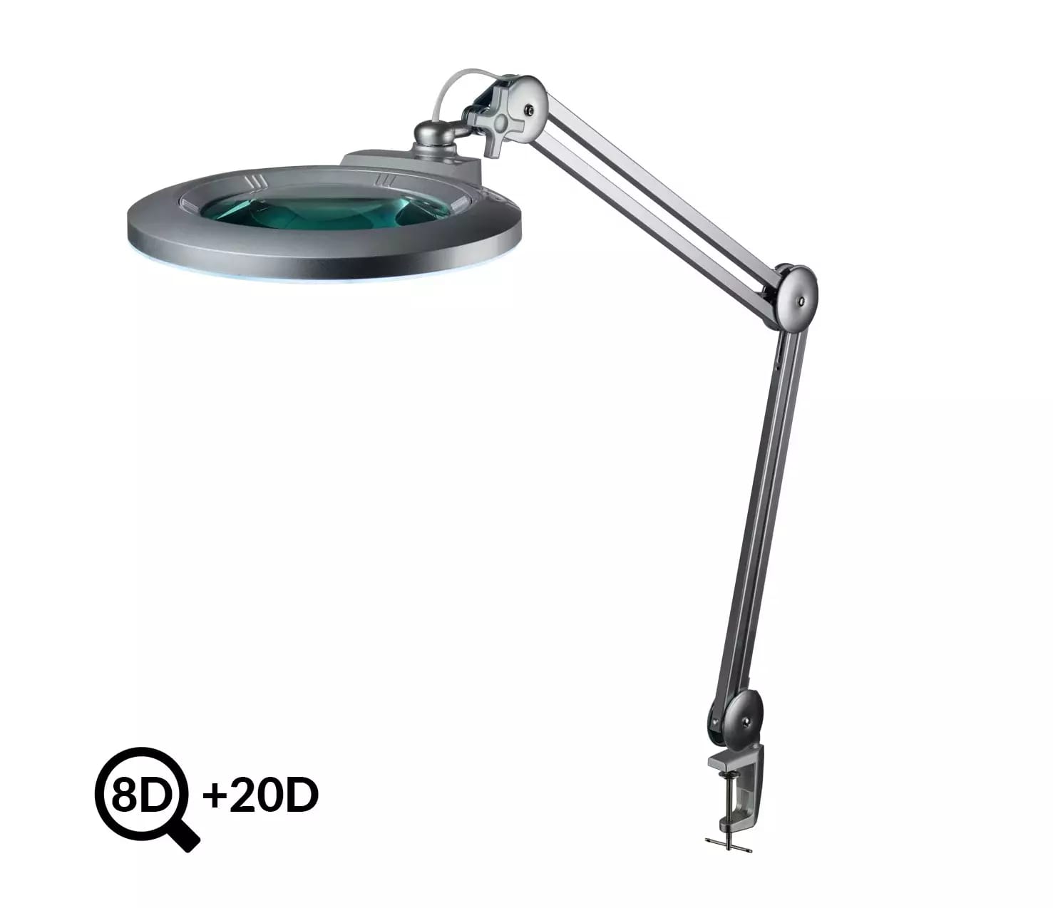 Szara lampa stołowa LED ze szkłem powiększającym IB-178, średnica 178 mm, 8D+20D