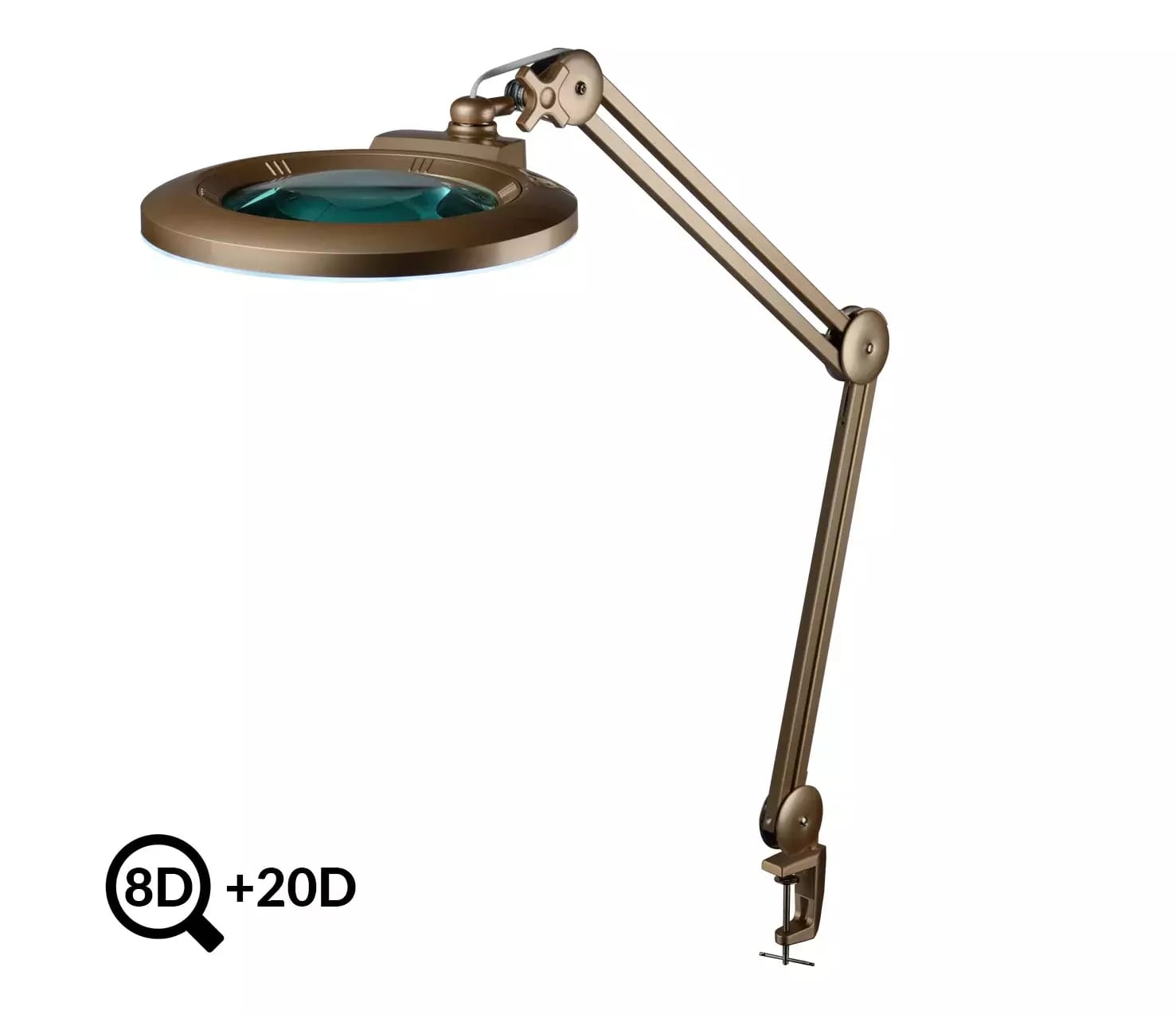 Złota lampa robocza LED z lupą IB-178, średnica 178 mm, 8D+20D