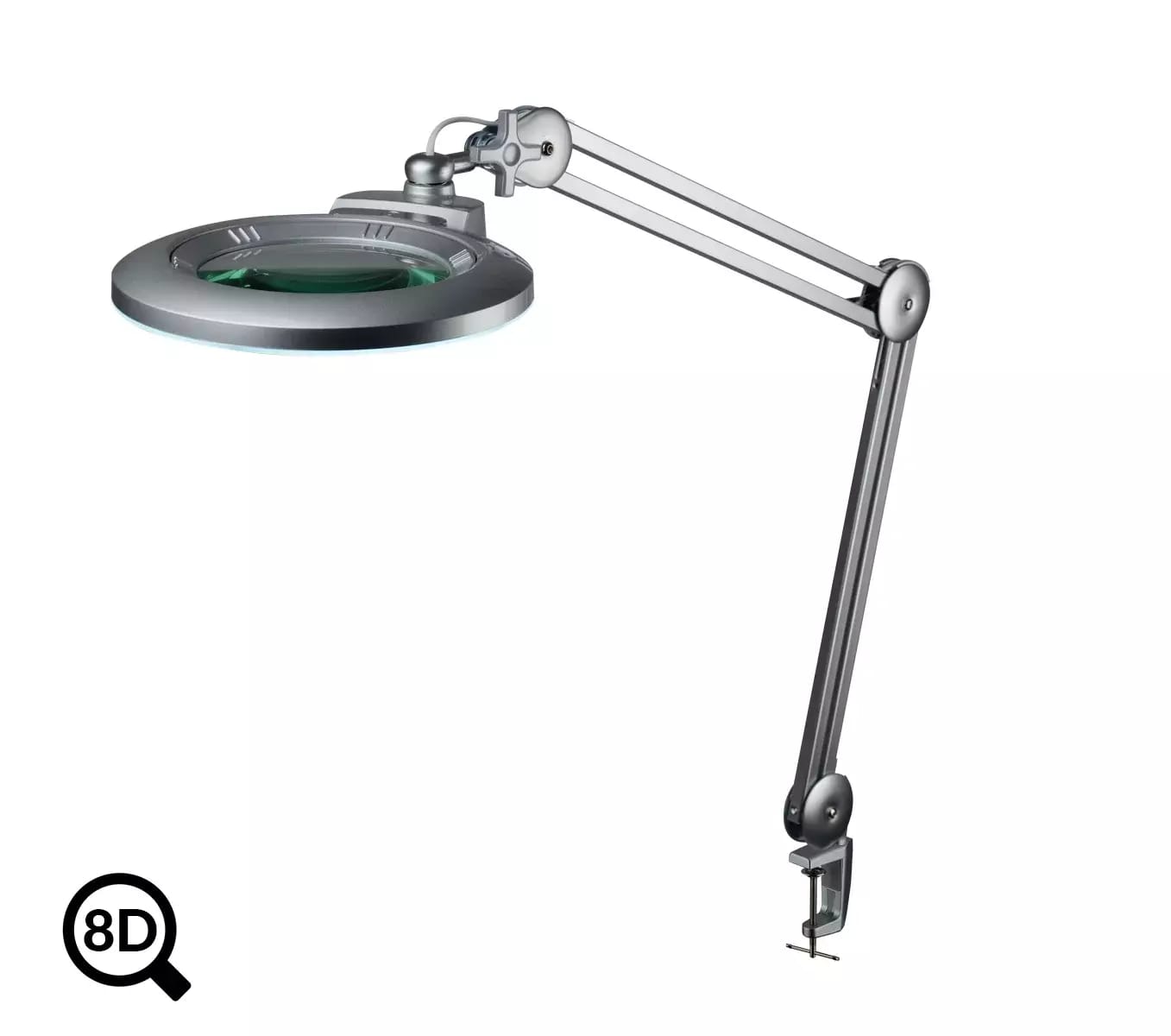 Szara lampa stołowa z lupą i regulacją jasności IB-150, średnica 150 mm, 8D
