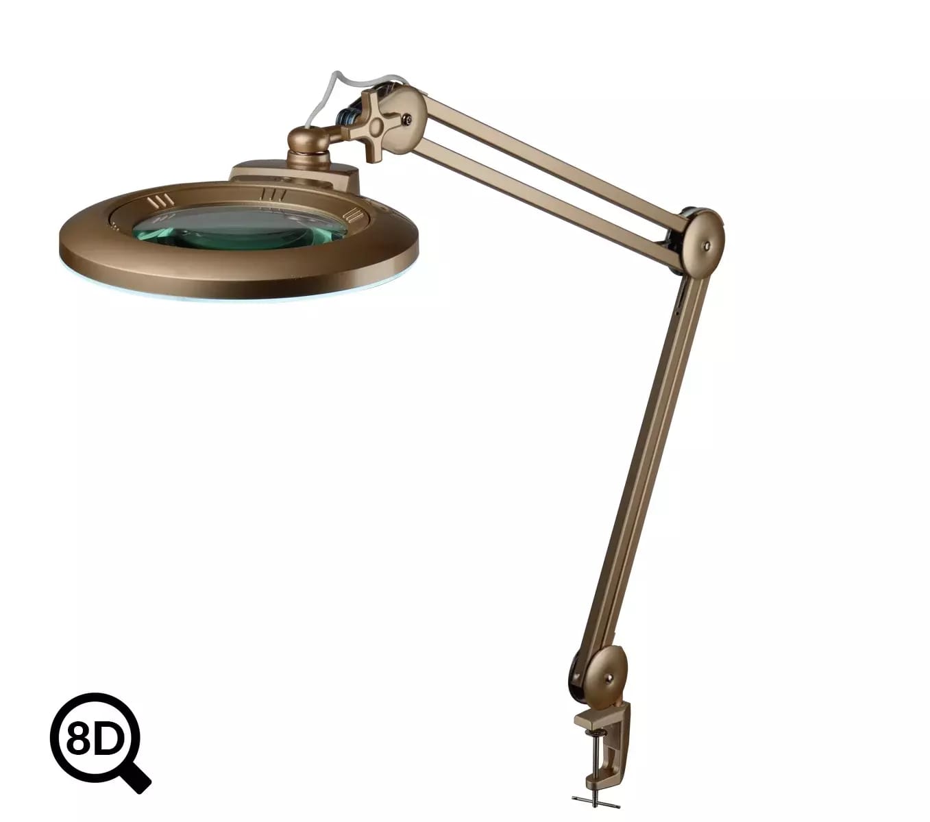 Złota ściemnialna lampa LED ze szkłem powiększającym IB-150, średnica 150 mm, 8D